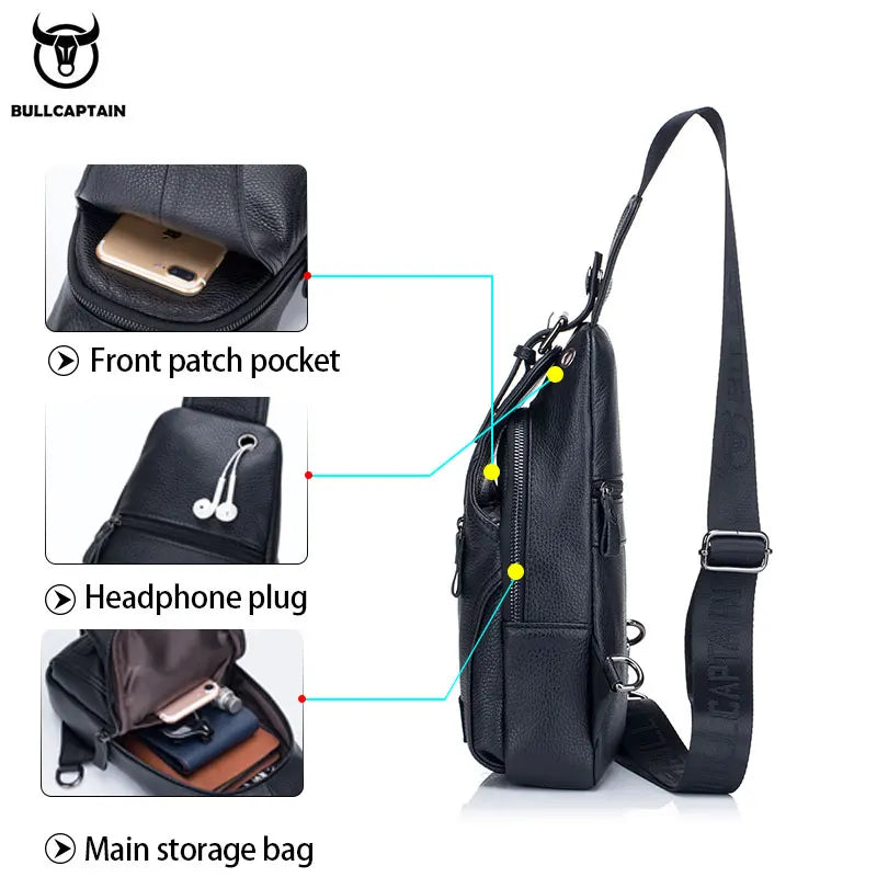 BULLCAPTAIN MEN's Chest Bag Casual Messenger Bags Genuine Leather Male Crossbody Bages Multifunctional Mobile Phone Zipper Bag's