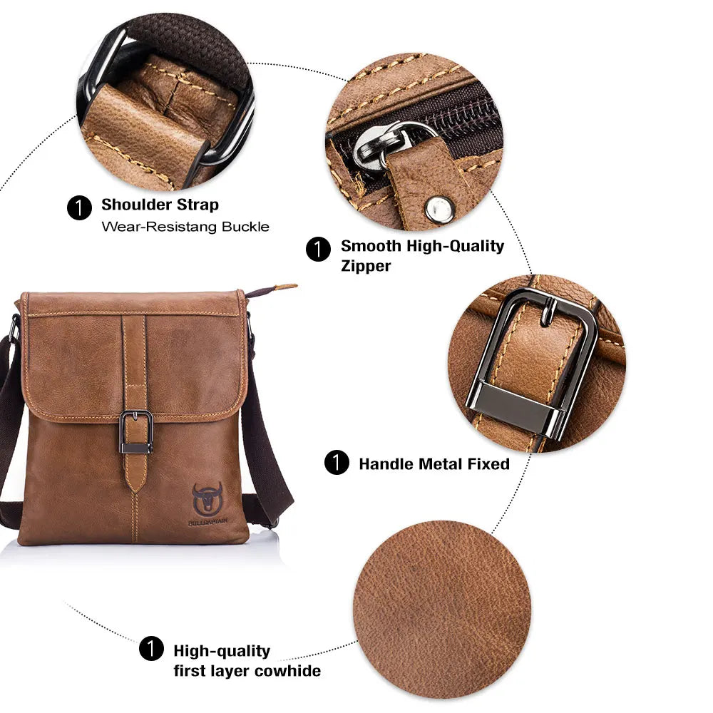 BULLCAPTAIN Men's Leather Shoulder Slung Casual Sports Outdoor Soft Head Layer Leather Trend Business Small Flat Bag Men's Bag
