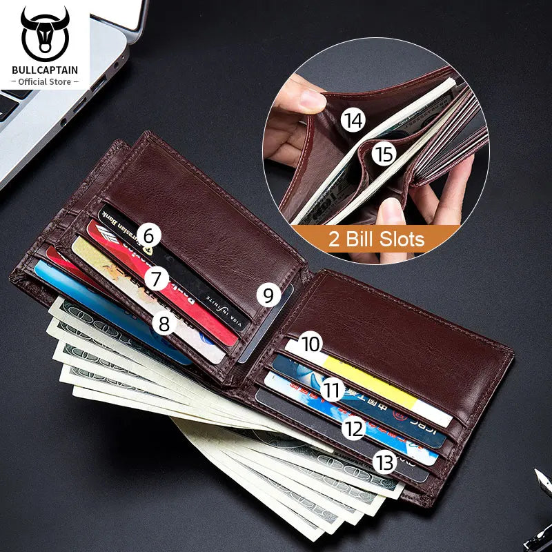 BULLCAPTAIN Fashion Big Logo Man Wallet High Quality RFID Wallet Coin Purse Compact Mini Card Holder Genuine Leather