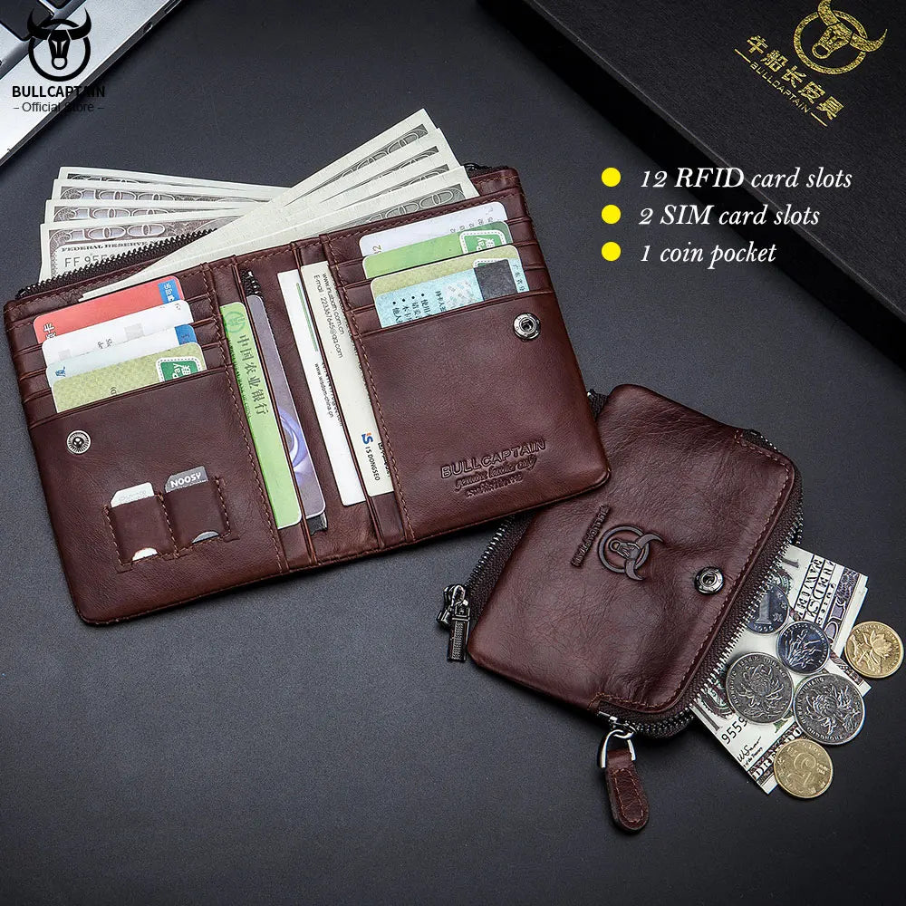 BULLCAPTAIN RFID Fashion Leather Men's Wallet Retro Short Wallet Clutch Bag Men's Zipper Wallet Card Case Coin Purse