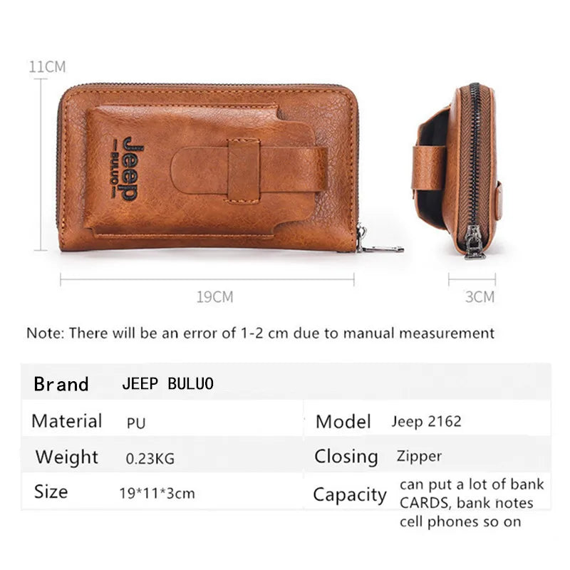 JEEP BULUO Leather Brand Purse Phone Double Zipper Luxury Wallet Clutch Bag
