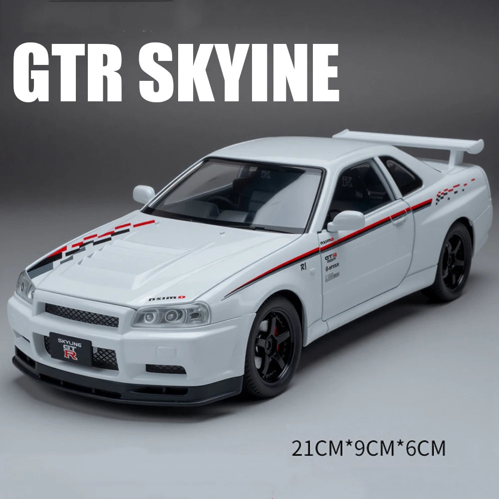 1:24 GTR-R34 SKYLINE Diecast Alloy Models Toys Car with Pull Back Doors Opened rubber tires Miniature Sportscar Collecting Hobby