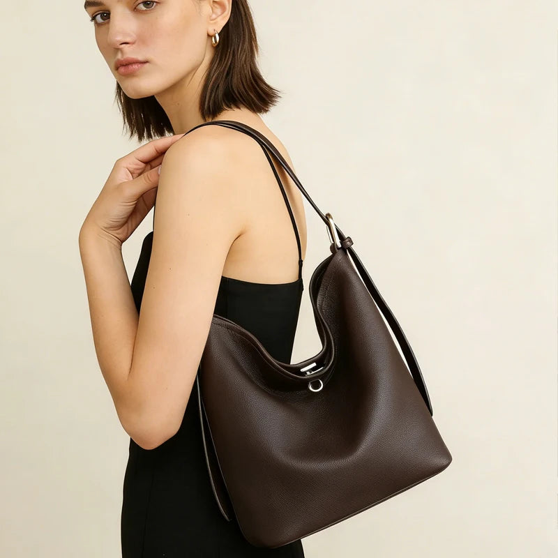 Women's Cowhide Genuine Leather Tote Bag, Fashion Large Capacity Shoulder Bag,Trendy Versatile All-match Commuting Hobo Bag