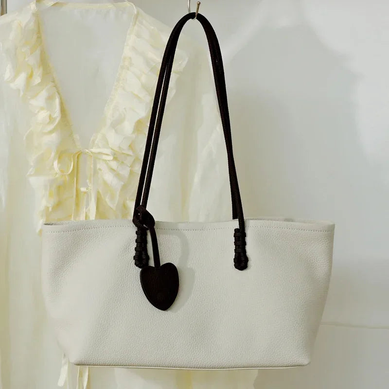 Genuine Cowhide Leather Tote Bag for Women Pebbled Leather Large Capacity Shoulder Bag with Heart Charm Luxury Designer Handbag