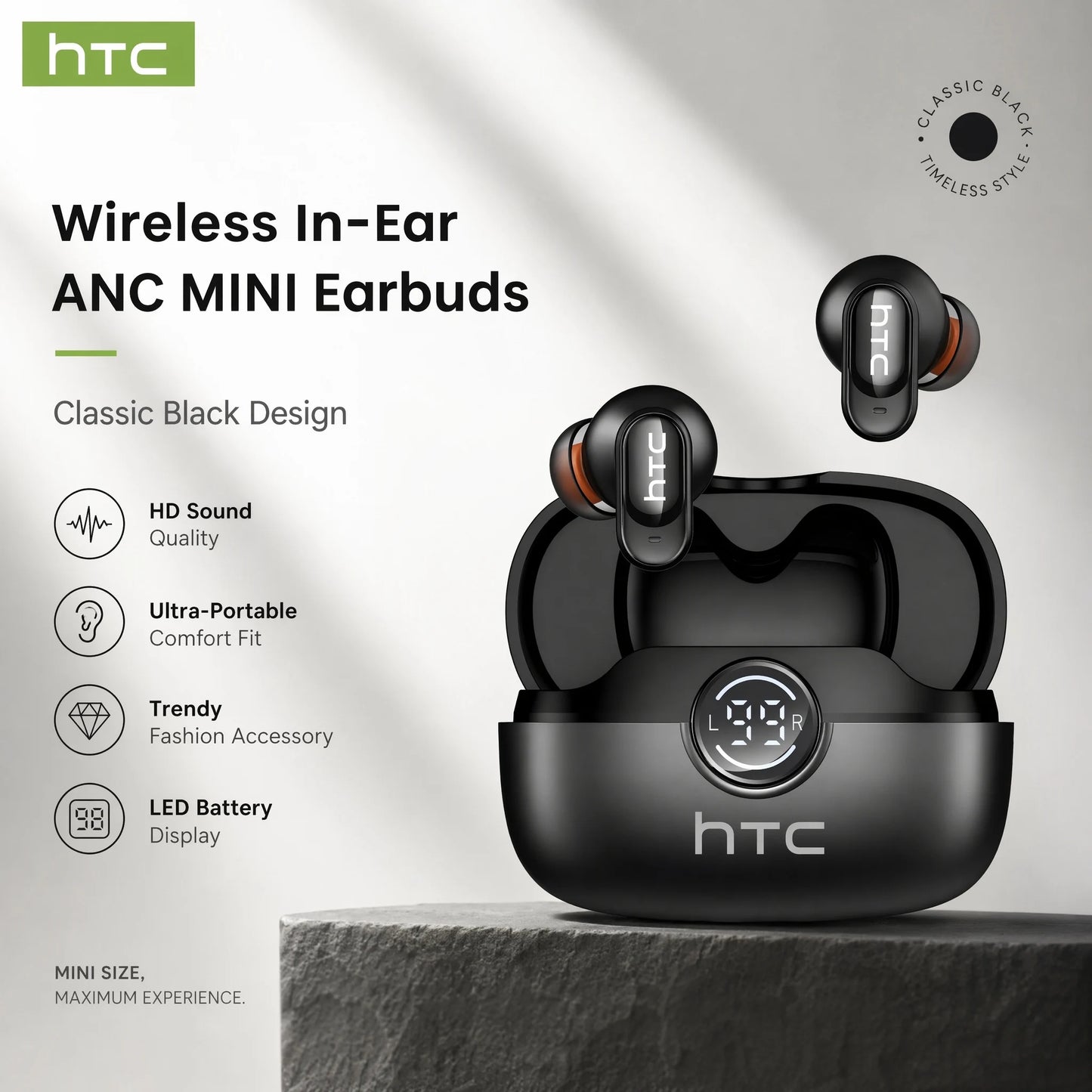 HTC NE79 Bluetooth Earphones Comfort Wireless Headphones Premium Sound Quality Sports Gaming Long Battery Soft In-ear Earbuds