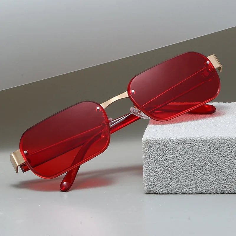 JNPCXI New Fashion Rimless Square Sunglasses Women UV400 Retro Rivets Clear Ocean Purple Lens Eyewear Men Sun Glasses Shades