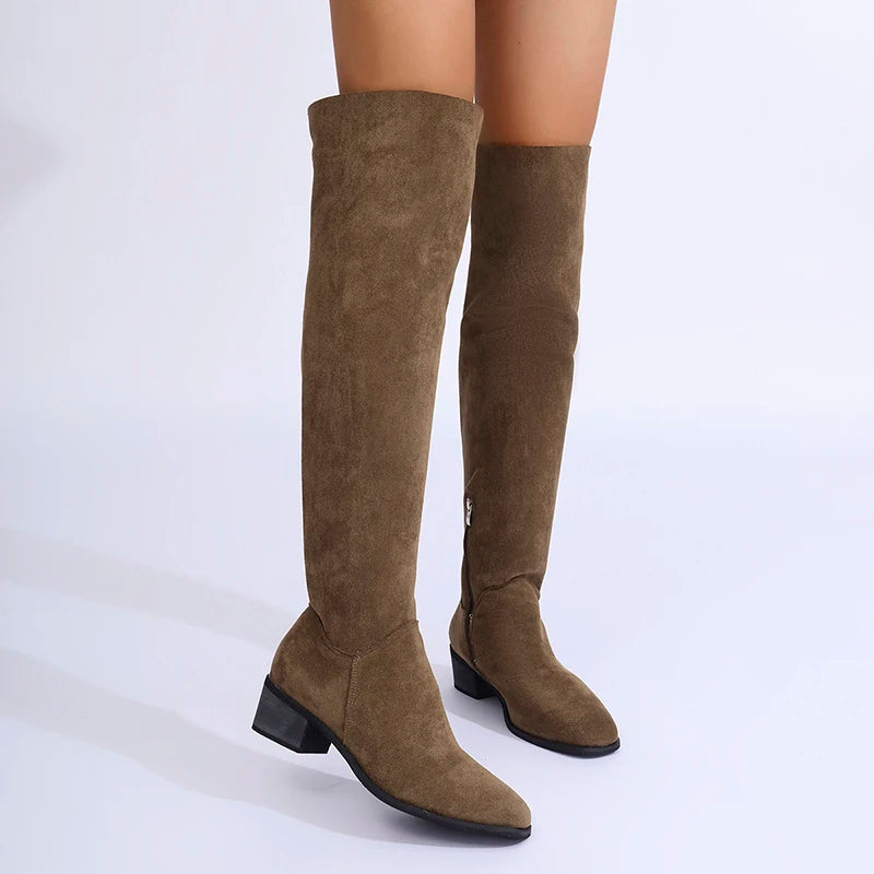 Fashion Thick Heels Over The Knee Boots Women Autumn Winter Zippers Vintage Long Botas Mujer Stretch Slim High Tube Boots 2025