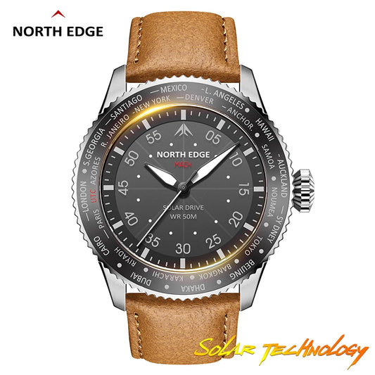 NORTH EDGE MACH Solar Power Quartz Mens Pilot Watch Luminous Waterproof Watches
