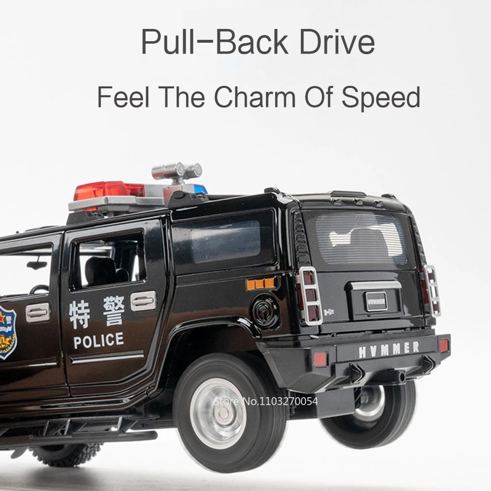 1/24 H2 Police Toy Model Car Alloy Diecast 6 Doors Opened with Sound Light Pull Back Rubber Tire Off-road Vehicles for Kid Gifts
