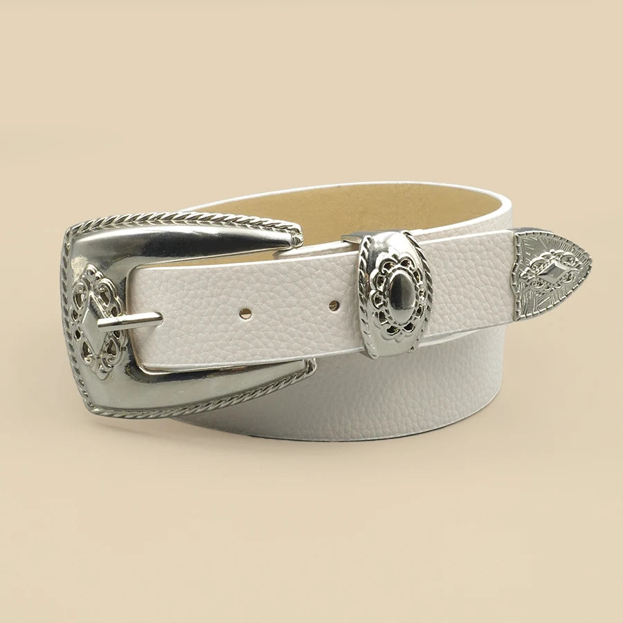 White Border Women's Belt Solid Color Casual Daily Belt Silver Carved Alloy Buckle Daily Commuting Date Fashion Accessories
