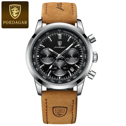 Silver Black POEDAGAR Luxury Waterproof Chronograph Men Leather Quartz Wristwatc
