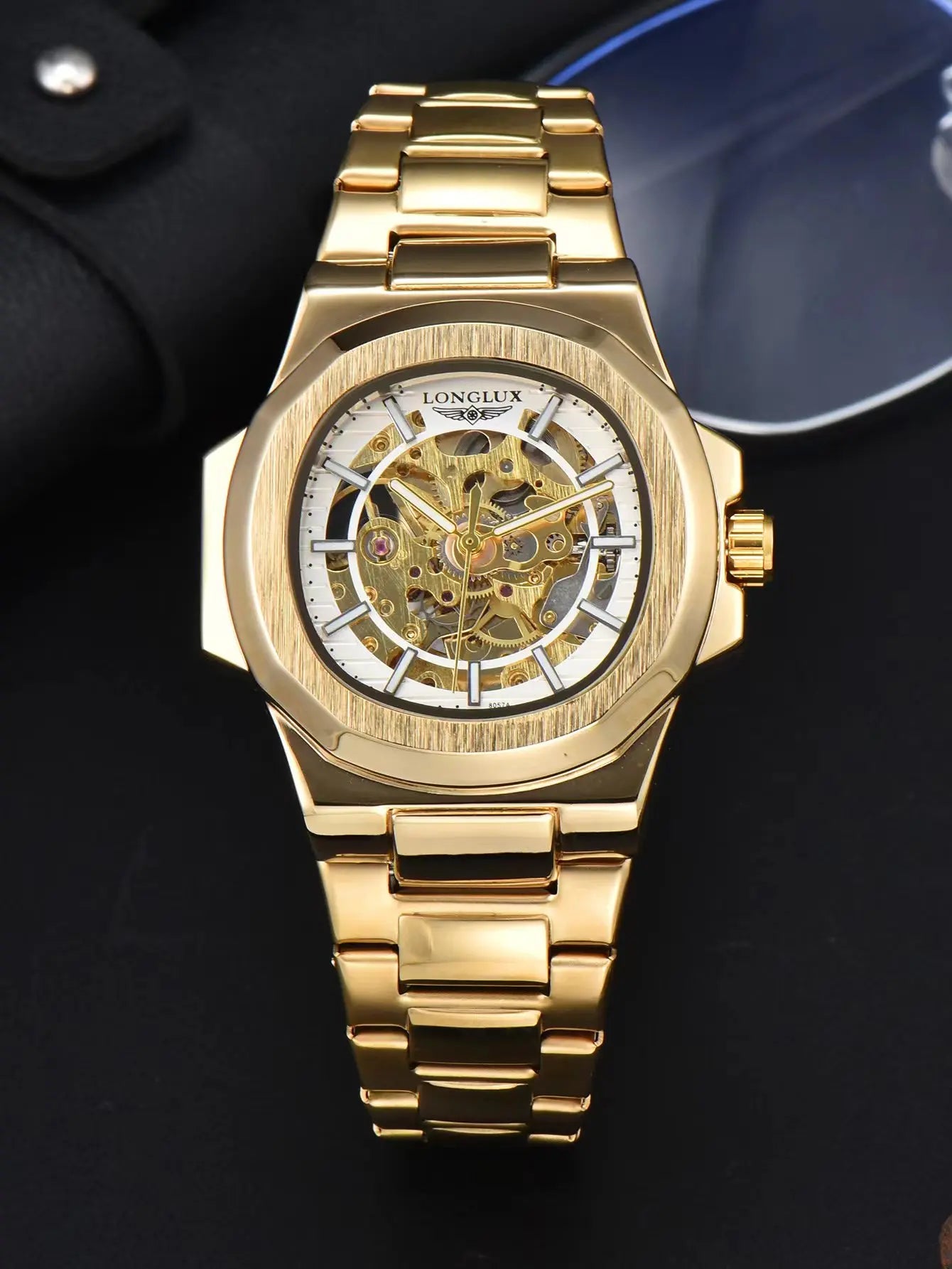 Gold LONGLUX Men automatic mechanical watch luxury waterproof skeleton Watches