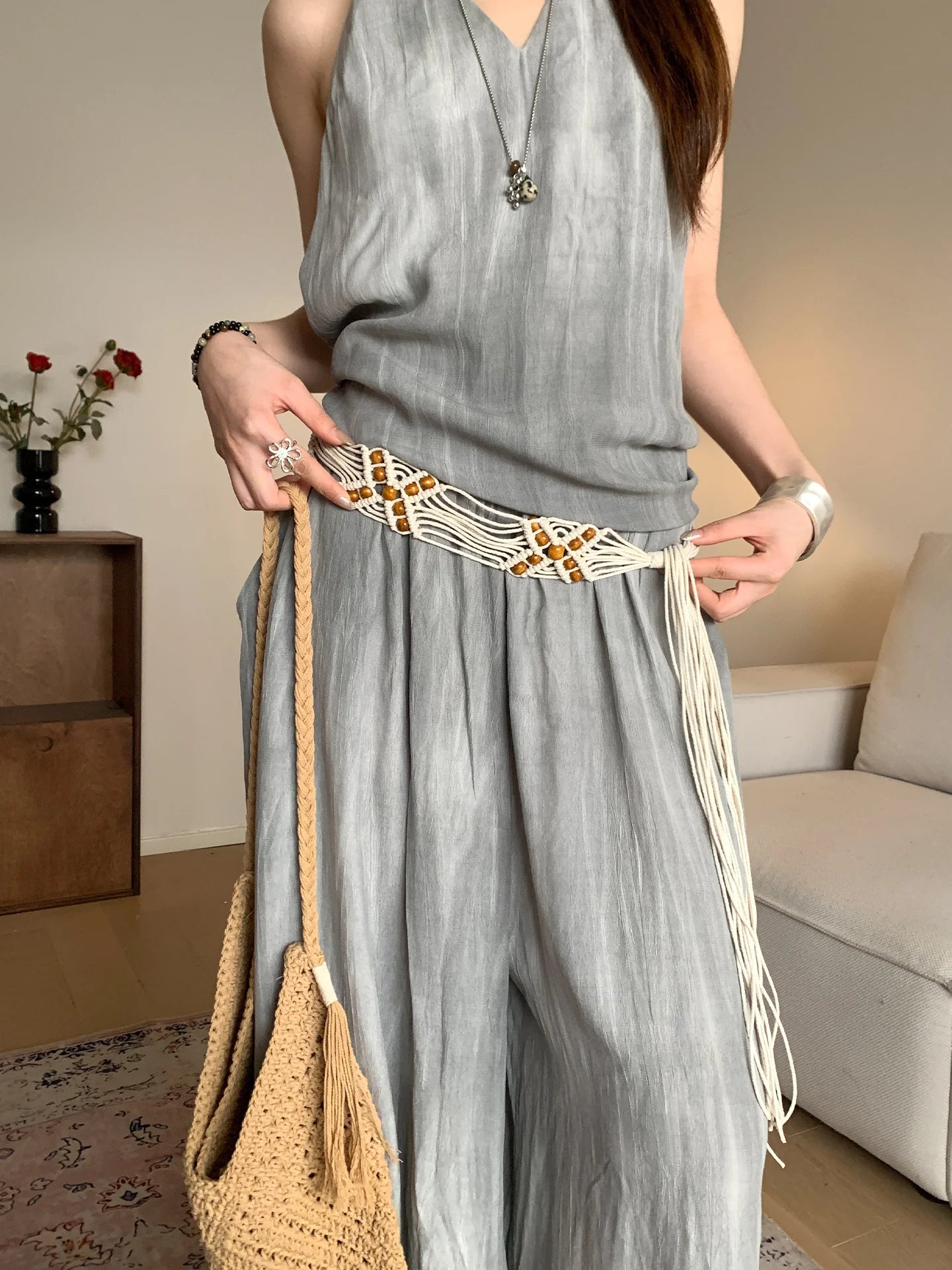 Bohème Bead Woven Wide Belt Vintage Ethnic Versatile Waist Rope Small Batch High-End Skirt Accessory