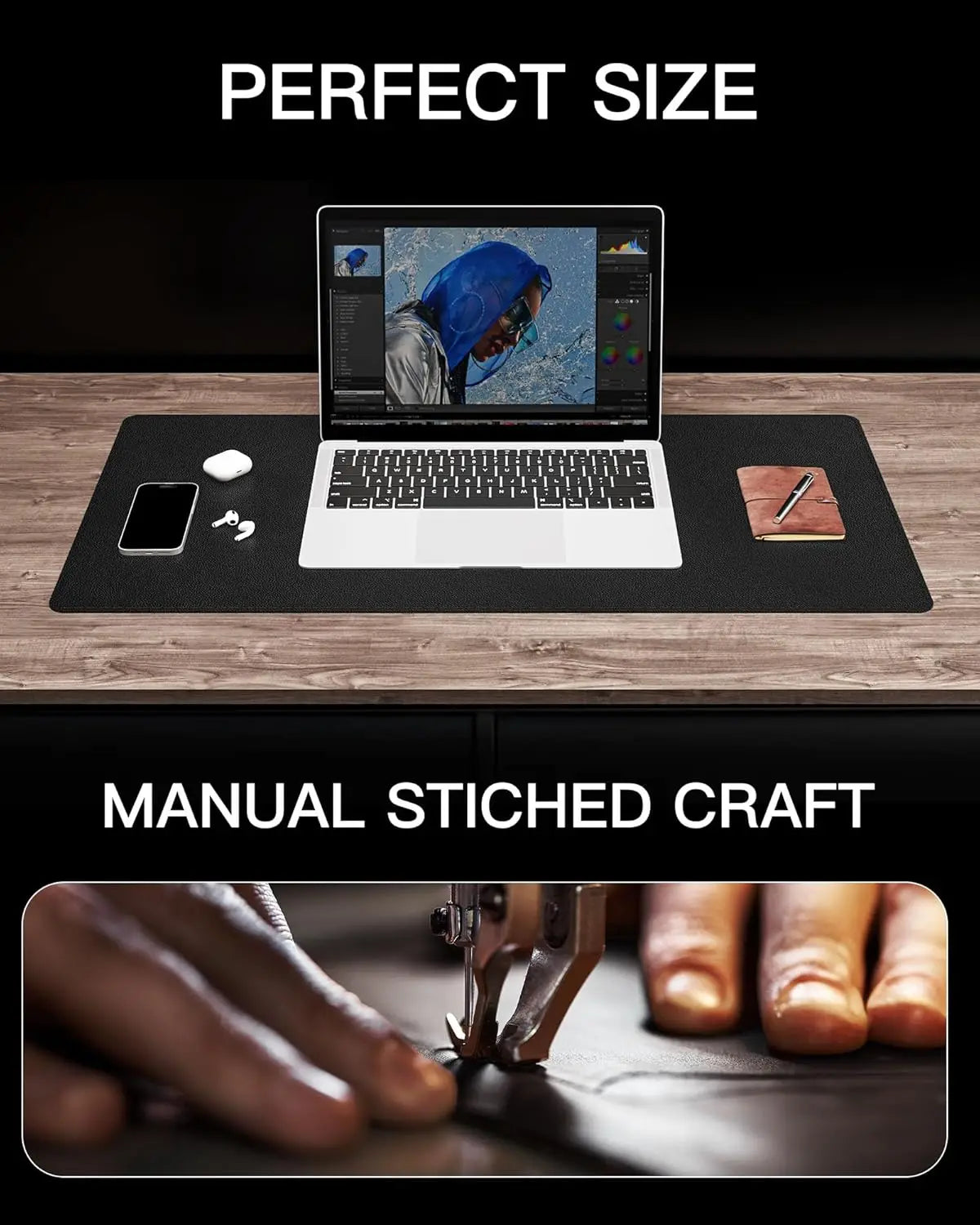 YSAGi Premium Real Leather Desk Mat, Stitched Edge Thick Office Table Pad, Anti-Slip Rubber Bottom Laptop Desk Cover