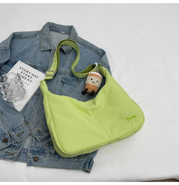 Green Women Japan Hobo Embroidery Shoulder Bag Versatile Waterproof Commuter Bag
