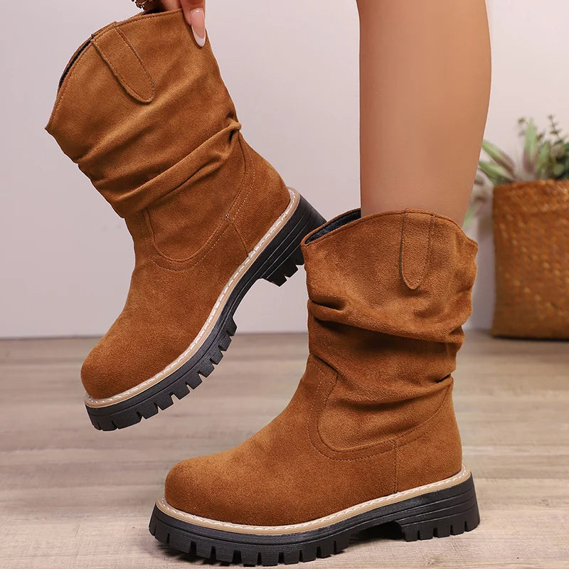 Plus Size 43 Flock Platform Ankle Boots Women Slip On Thick Sole Pleated Short Booties Mujer Anti Slip Autumn Winter Boots