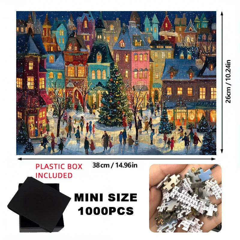 1000pcs Christmas Jigsaw Puzzle 15x10 Inch Winter Scene Snowy Street Christmas Challenge Puzzle for Adult Perfect Christmas Gift