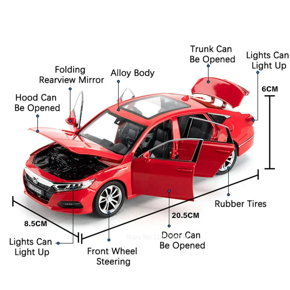 1:24 HONDA ACCORD GTR-R34 Cars Model Toys Alloy Diecast Vehice 6 Door Opened Sound Light Pull Back Toy Children's Birthday Gifts