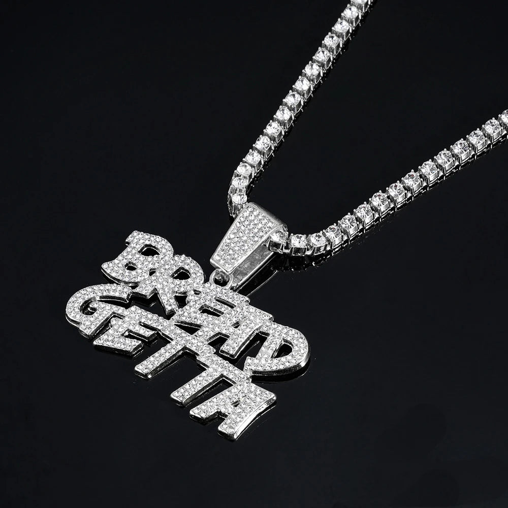 Men Hip Hop BREAD GETTA Letter Pendant Necklace with Cuban Chain Iced out Bling Tennis Chain Necklaces For Rapper Cool Jewelry