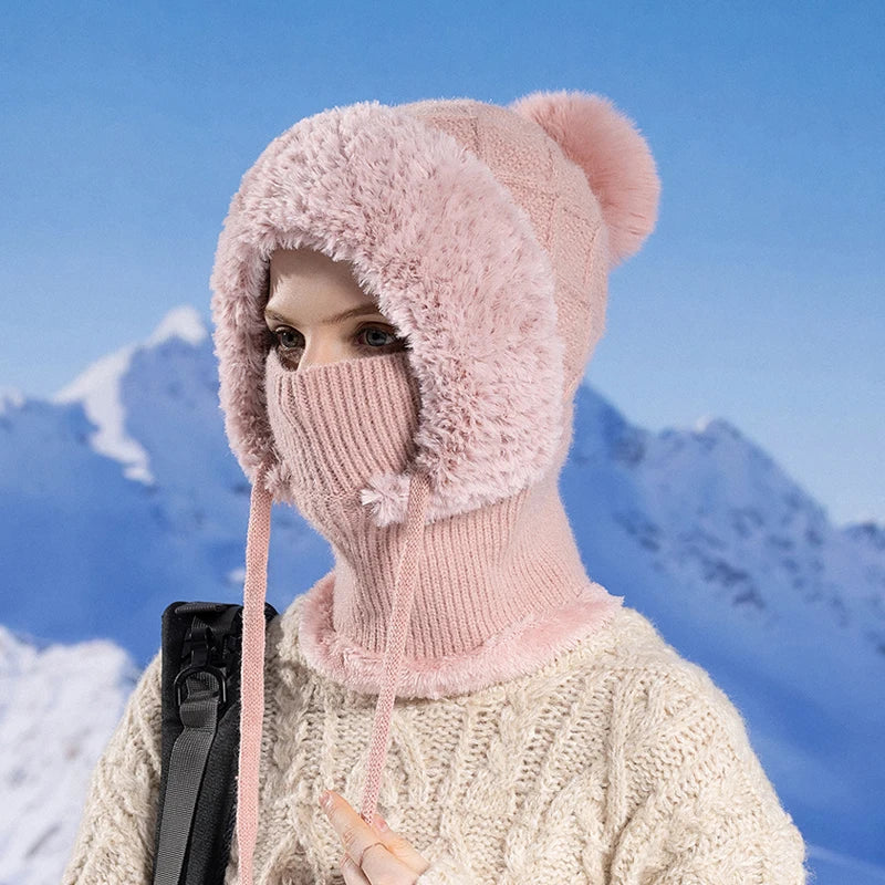 Xinbaoguan 100% Acrylic 8408 cross-border winter velvet knitted yarn hat women's mask scarf integrated warm ear protection hood