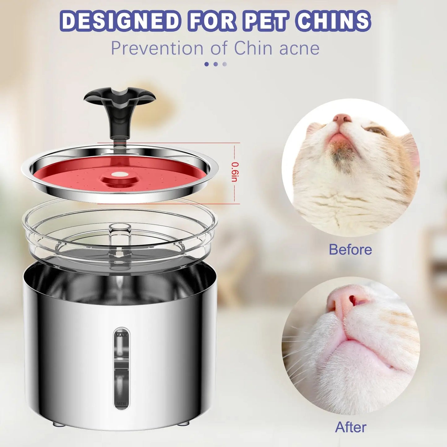 2.5L Stainless Steel Automatic Cat Water Fountain Auto Power-off Fountain W/LED