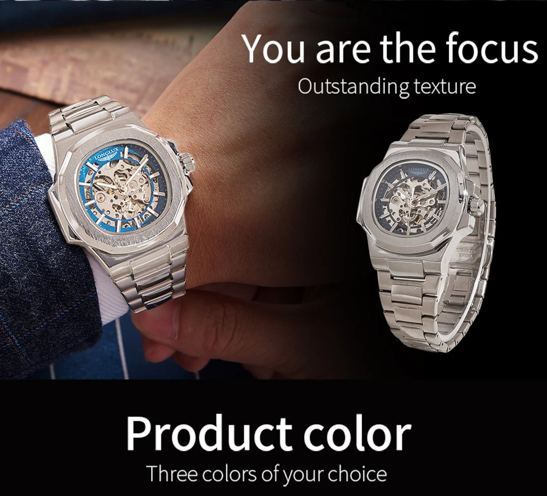Silver LONGLUX Men automatic mechanical watch luxury waterproof skeleton Watches