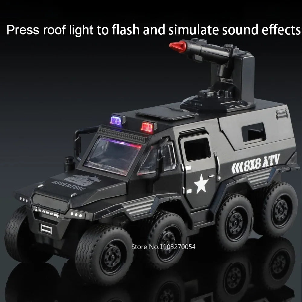 1:36 Conqueror SWAT Armored Vehicle Alloy Diecast Model Toys Car Doors Opened Sound Light Pull Back Cars Festival Gift for Child