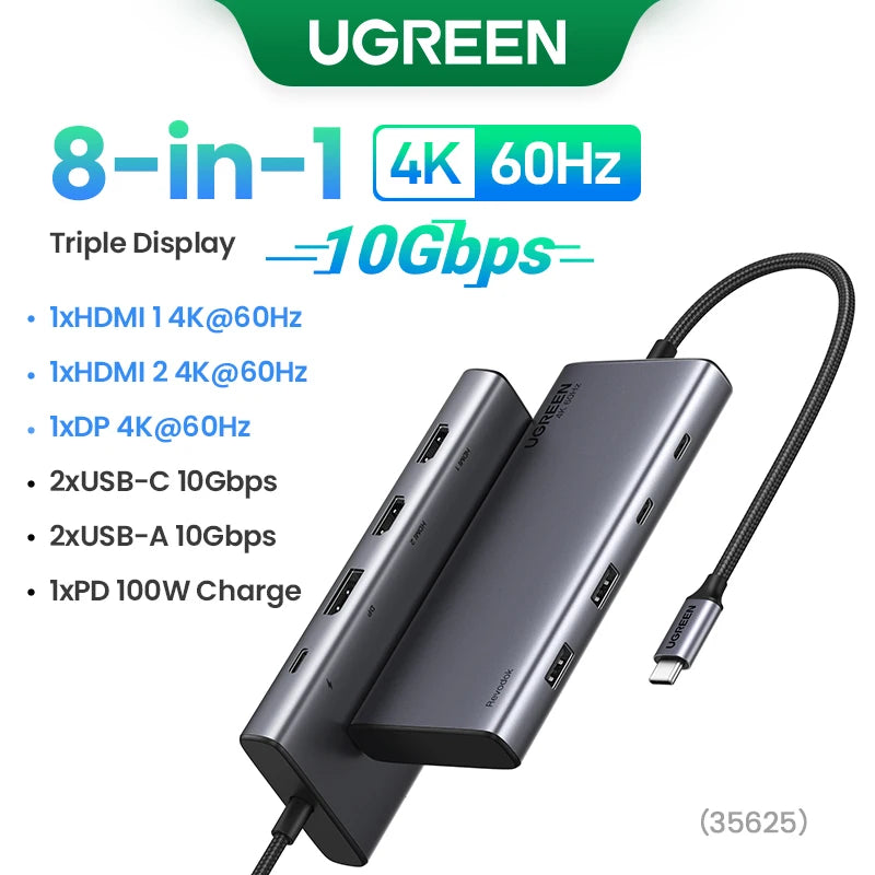 Triple Display USB C HUB 10Gbps 4K HDMI Adapter 8-in-1 Splitter with HDMI DP