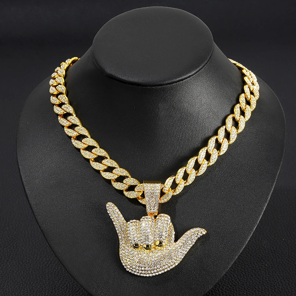 Hip Hop Number 6 Gestures Pendants Necklaces With 15mm Cuban Chain Fashion Bling Crystal Personality Cool Jewelry For Men Women
