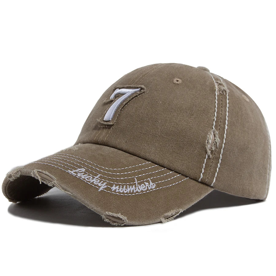 Men‘s Baseball Cap White Line 7 Embroidered Patch Women Hat Summer Vintage Break Hole Visor Casual Caps Fashion Hats For Unisex