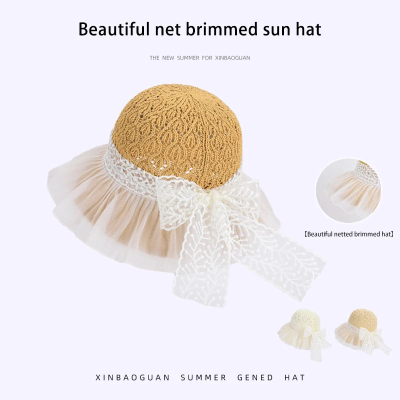 6179-New summer women's sheer breathable sun hat with children's lace ribbons and bow at the brim, fisherman style hat