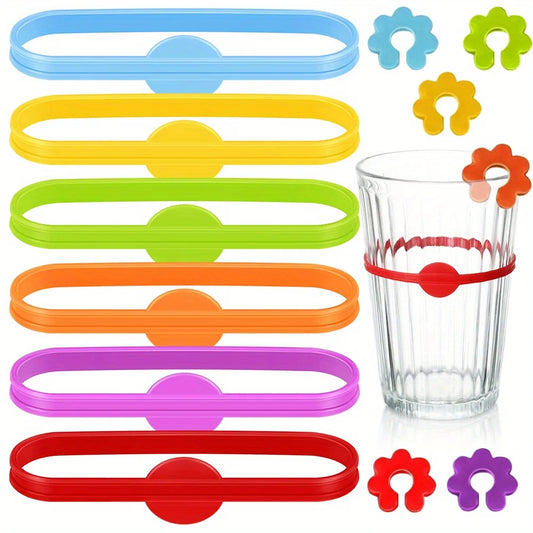 6/12/24pcs Colorful Drink Marker, Silicone Wine Marker, Ring And Flower Pattern, for Home Bar Kitchen Tool Accessories