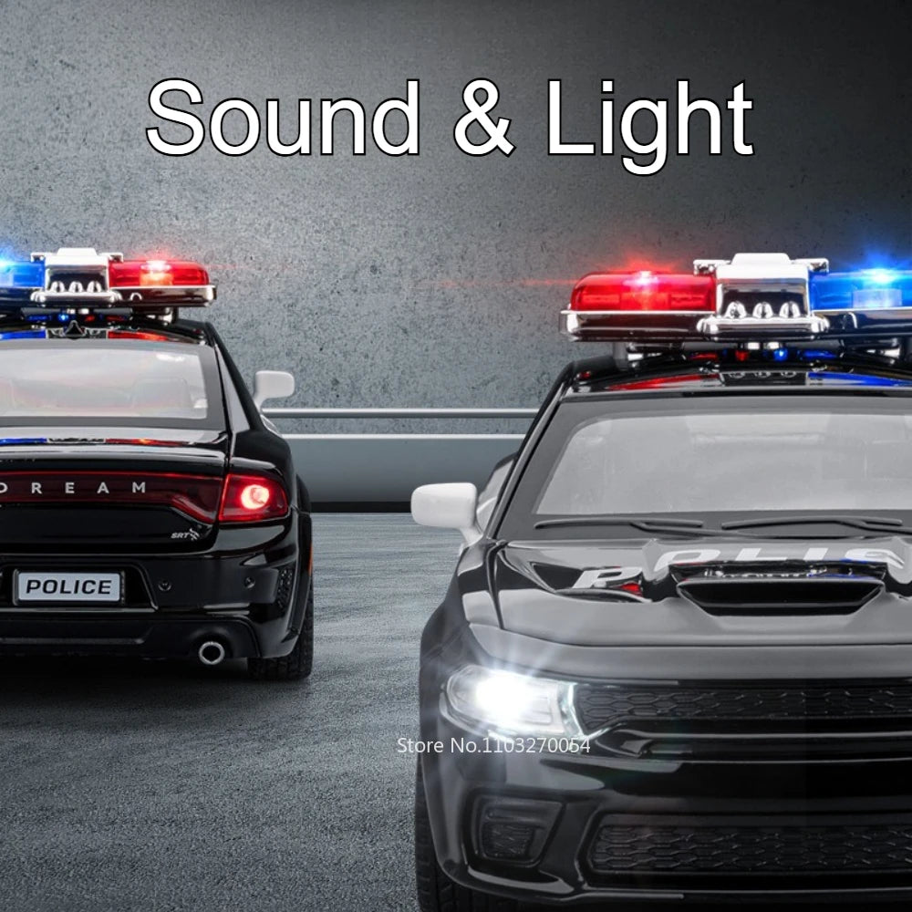1:32 Charger 911 DaKar Alloy Police Car Model Miniature Toy Rear Wheel Return Force Light Music Door Opened Vehice Boy Xmas Gift