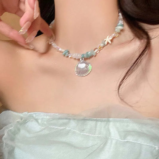 Summer Y2K Cute Shell Starfish Pendant Choker Necklace for Women Elegant Pearl Crystal Beaded Clavicle Chain Party Jewelry Gift