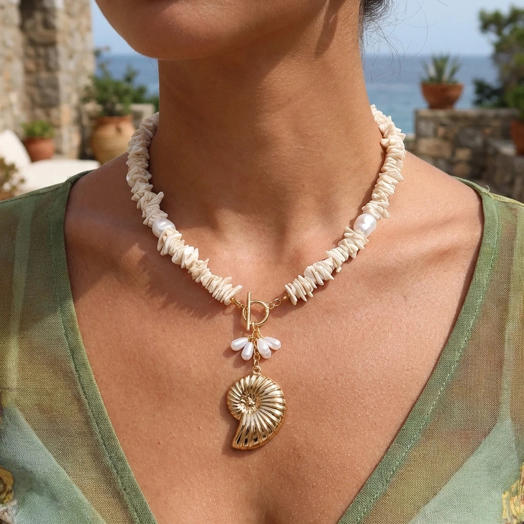 Vintage Long Chain Faux Pearl Necklace Crushed Shell Conch Pendant Choker Summer Beach Vacation Sweater Jewelry For Women