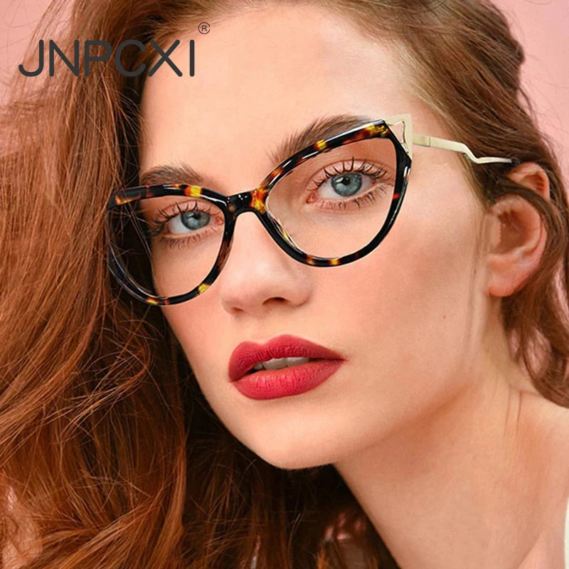 JNPCXI New Fashion Cat Eye Women Glasses Frame Clear Anti Blue Light Optical Leopard Eyewear