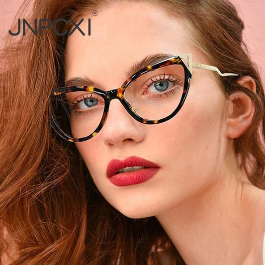 JNPCXI New Fashion Cat Eye Women Glasses Frame Clear Anti Blue Light Optical Leopard Eyewear