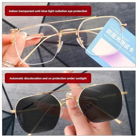 Business Rectangular Half Frame Glasses Photochromic Anti Radiation Eyewear