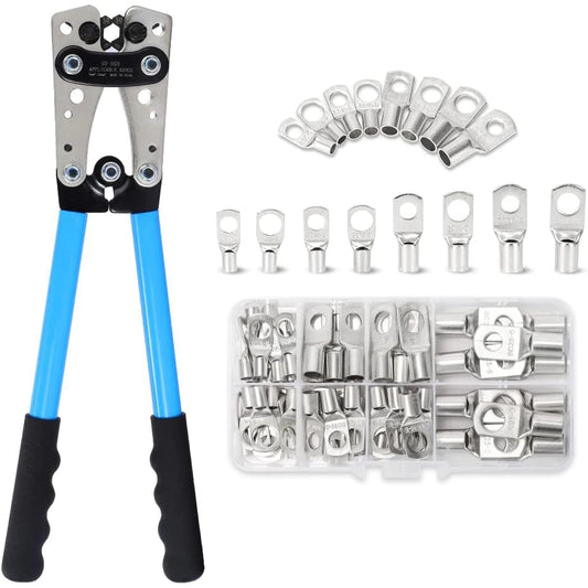 Battery Cable Lug Crimping Tool 10-1 AWG with Cutter, 60Pcs Copper Ring Terminals Heavy Duty Wire Crimper Set for Battery Cables