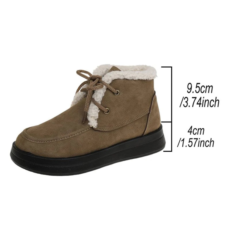 Retro Fleece Thick Warm Ankle Boots Women Lace Up Platform Snow Boots Woman Winter Pu Leather Short Plush Booties Female