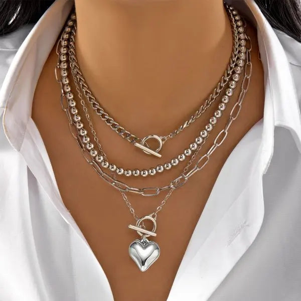 Punk Gold Color Heart Pendant Necklace for Women 2026 Trendy Multi-layer Charm Link Chain Beaded Choker Y2K Jewelry Accessories