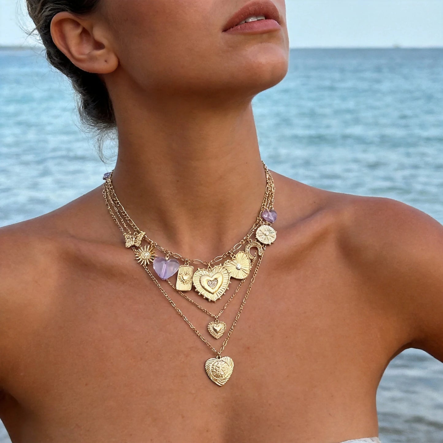 Vintage Heart Sun Layered Necklace Set of 3 Dainty Chains Boho Retro Gold Tone Pendant Stackable Jewelry Gift for Women