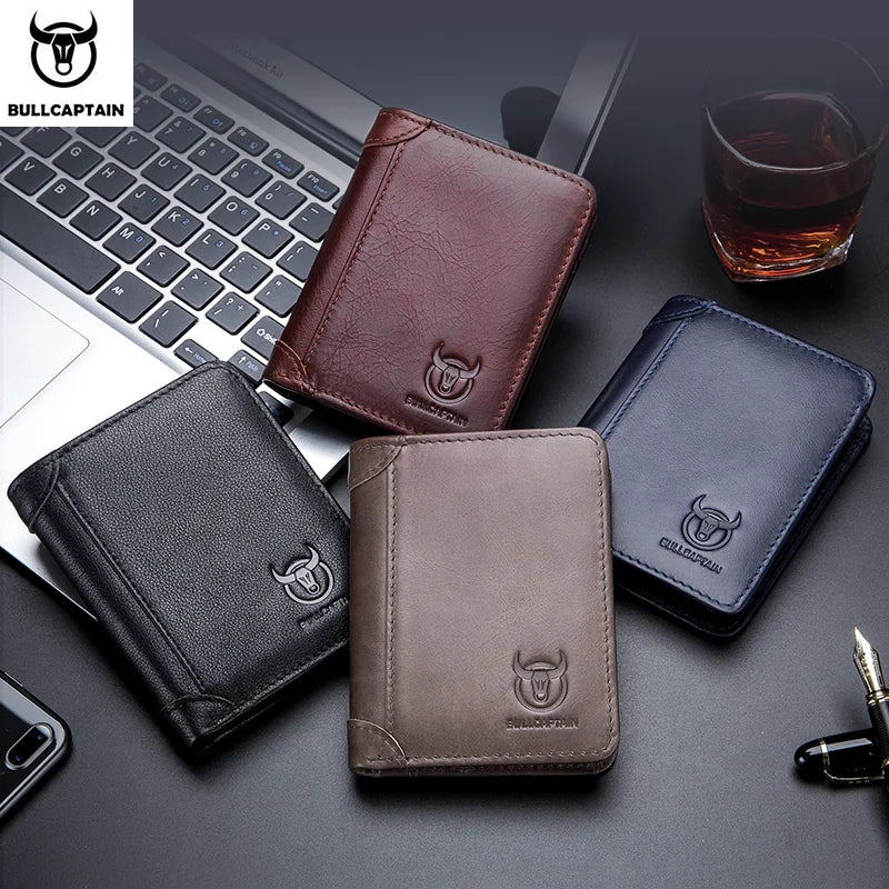 BULLCAPTAIN 2021 New Genuine Leather Man Wallet Small Mini Card Holder Male Purse Pocket RFID Wallet Coin High Quality