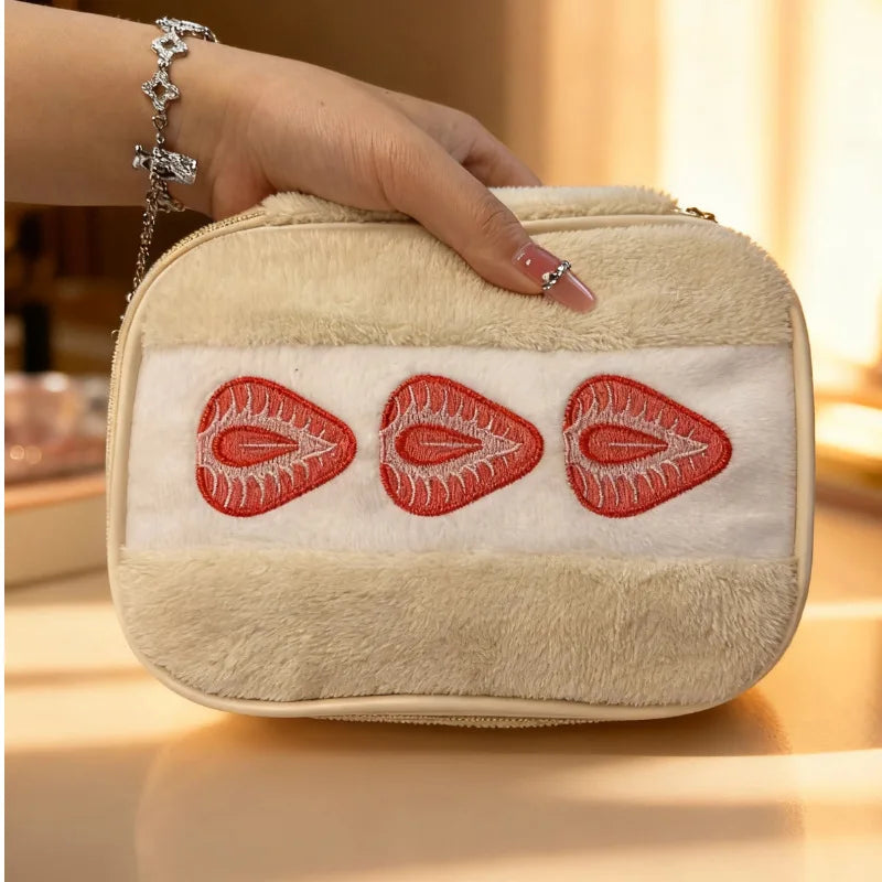 Makeup Bag Strawberry Plush Embroidery Storage Makeup Bag Female Multi-functional High Appearance Value Bag Cosmetic Bags