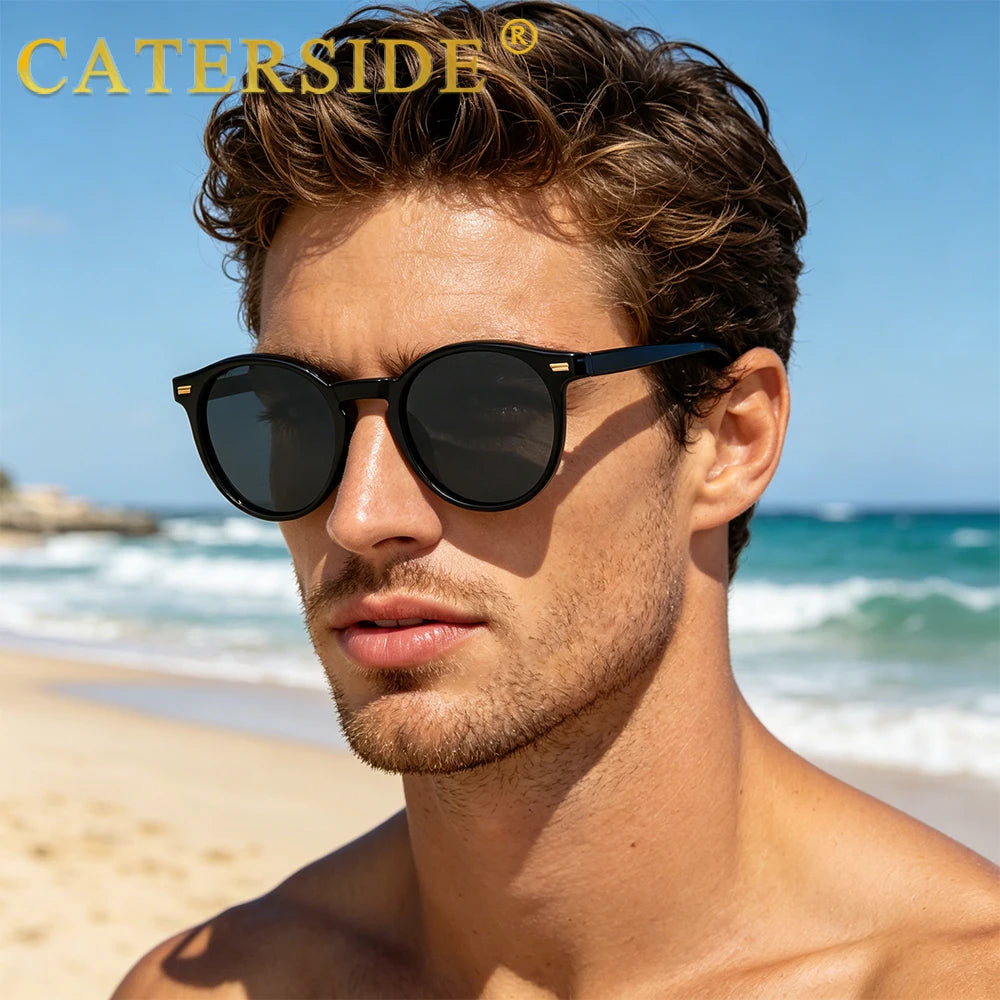 CATERSIDE Retro Polarized Round Sunglasses Men TR90 / Acetate Vintage Sun Glasses Women Punk Driving Travel Lunette De Soleil
