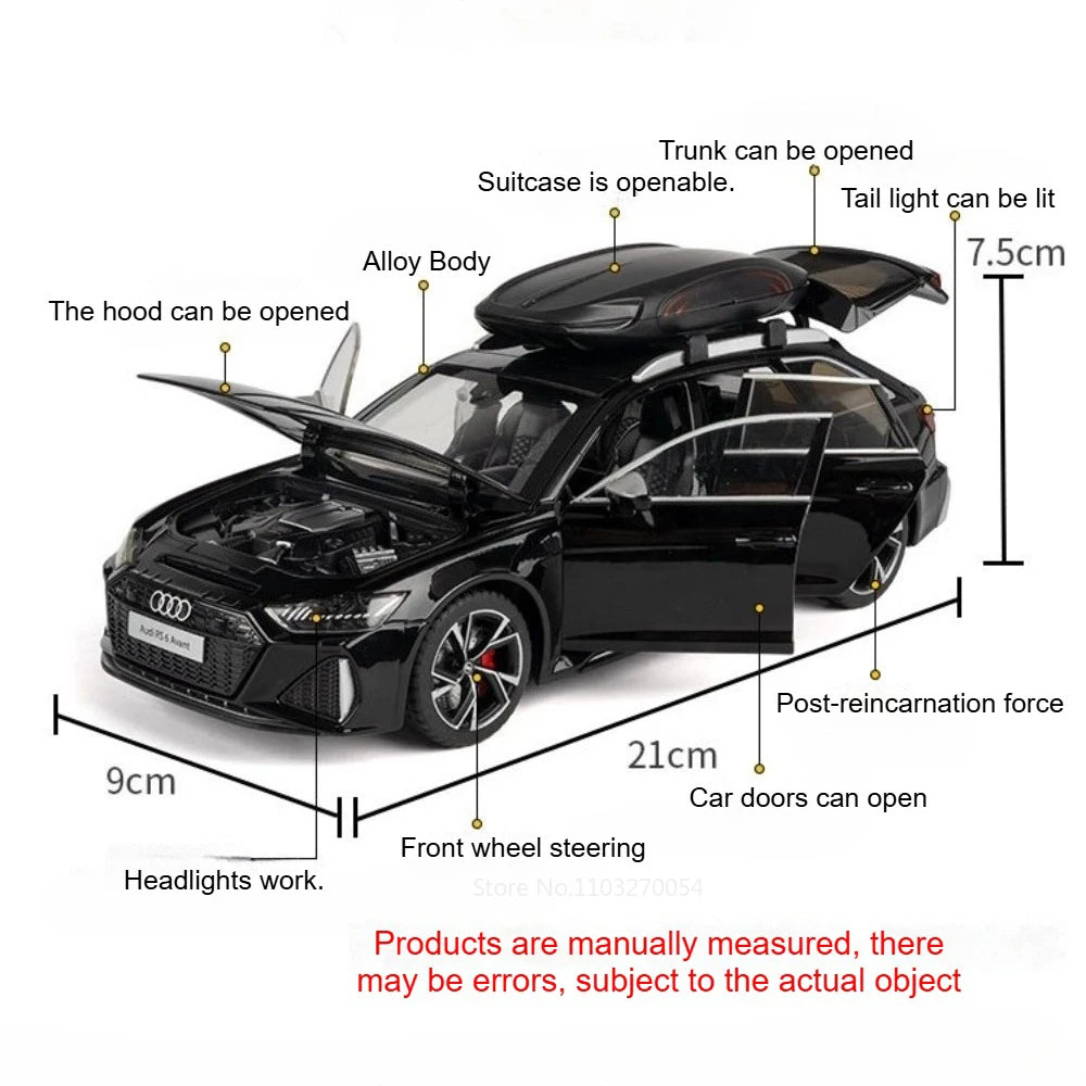 1:24 RS7 RS6 Miniature Car Model Diecast Alloy Toy Front Wheel Steering with Sound Light Pull Back Vehice Bookshelf Collectibles