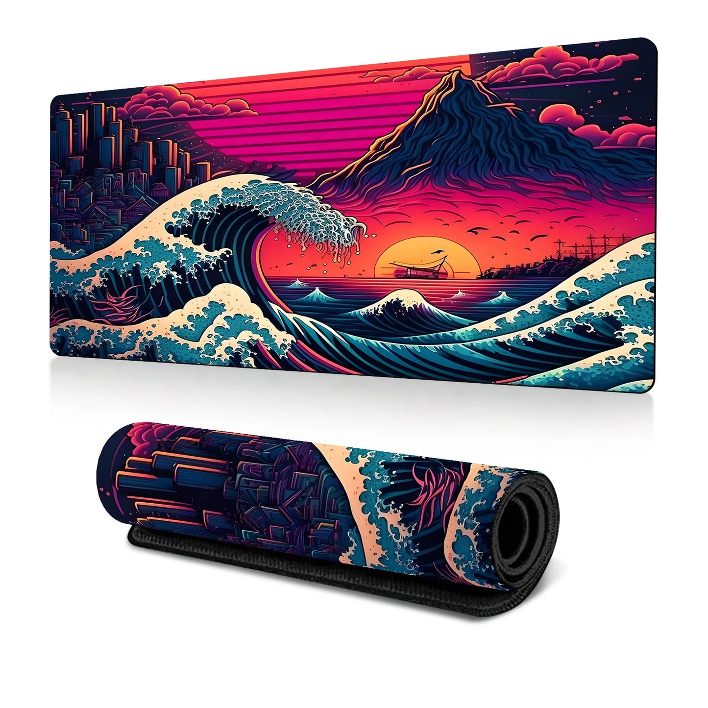Japanese Sea Wave Large Mouse Pad, Anime Black Gaming, Extended Mat Desk Pad, 3mm Thick Long Non-Slip Rubber Base Mice Pad