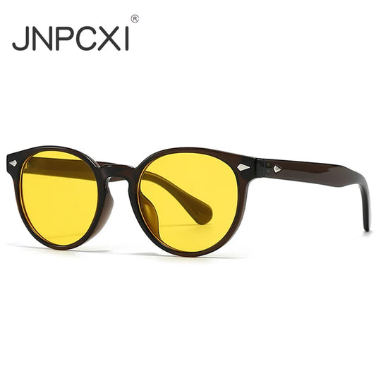 JNPCXI New Fashion Round Sunglasses Men Shades UV400 Retro Rivets Women Trending Yellow Sun Glasses Shades UV400