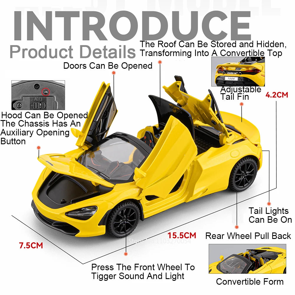 1:32 MC20 720S Miniature Sports Car Diecast Alloy Model Toys with Sound Light Pull Back Doors Opened Vehcies Kids Christmas Gift