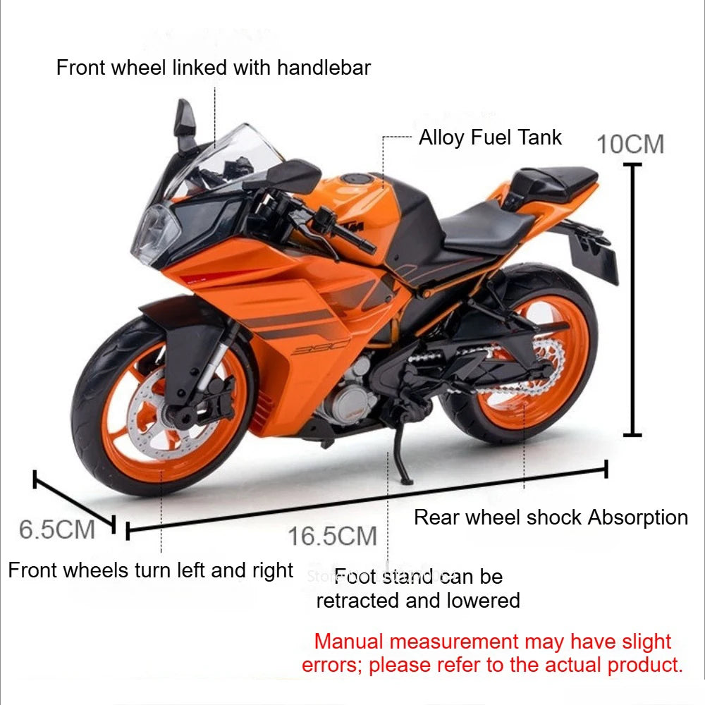 1:12 KTM 1390 KTM RC 390 Alloy Model Toys Car Diecast Motorcycle Front Wheel Steering Shock Absorption Vehice Kids Birthday Gift